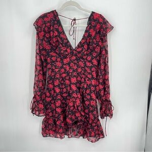 Dark pink London ruffle floral dress Sz 8 red black v neck